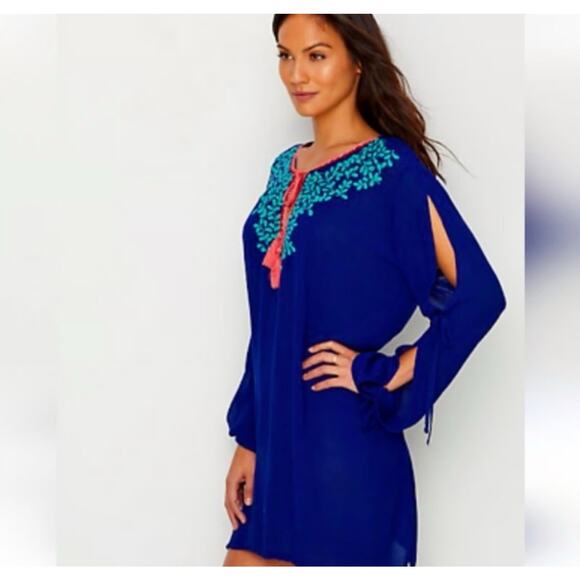 LA BLANCA Embroidered Cover up Dress Blue XS Resortwear Swim Oversized Relaxed - Picture 1 of 11